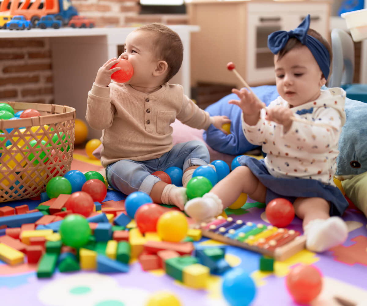 STEM activity with colorful building blocks at preschool